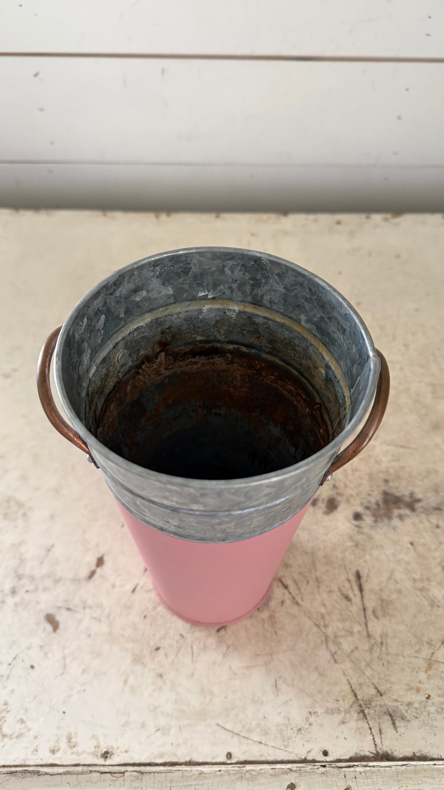 Galvanized Tin Bucket with Copper handles Painted in Veranda With a Transfer (FLORAL NOT INCLUDED)