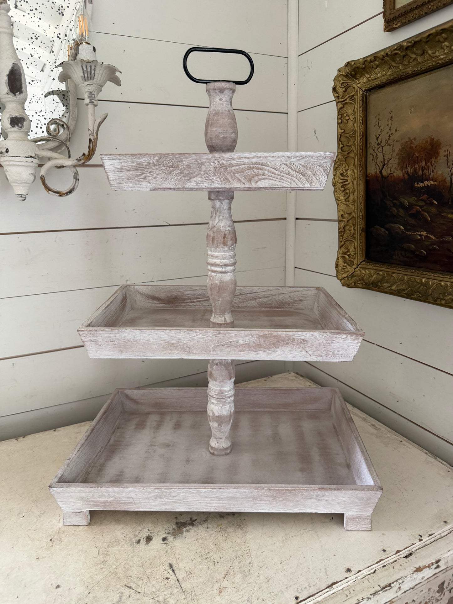 Three tier wood tray will get makeover and feet removed because one is missing