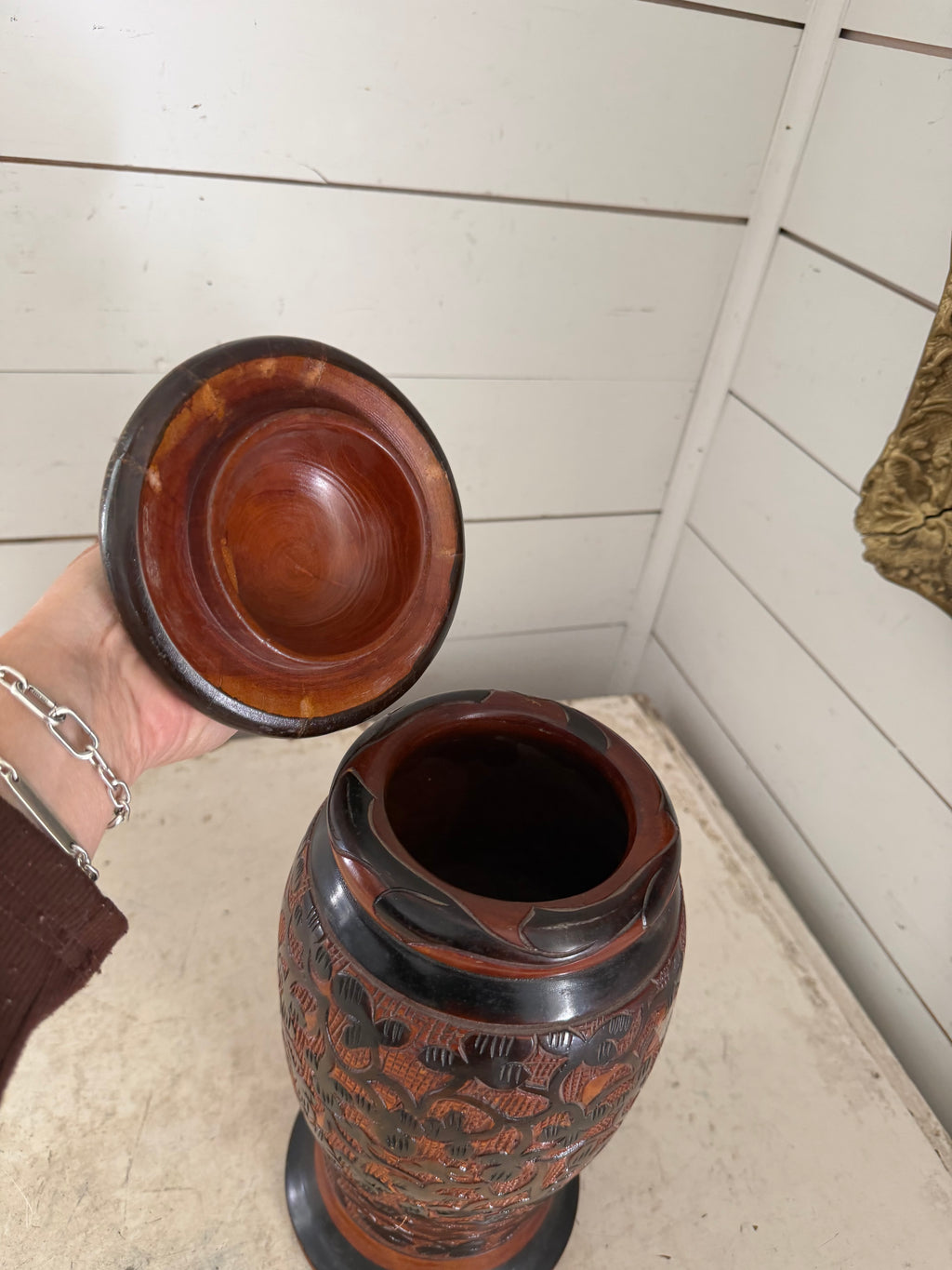 Vintage Carved Folk Art Floral Wooden Jar w/ Finial