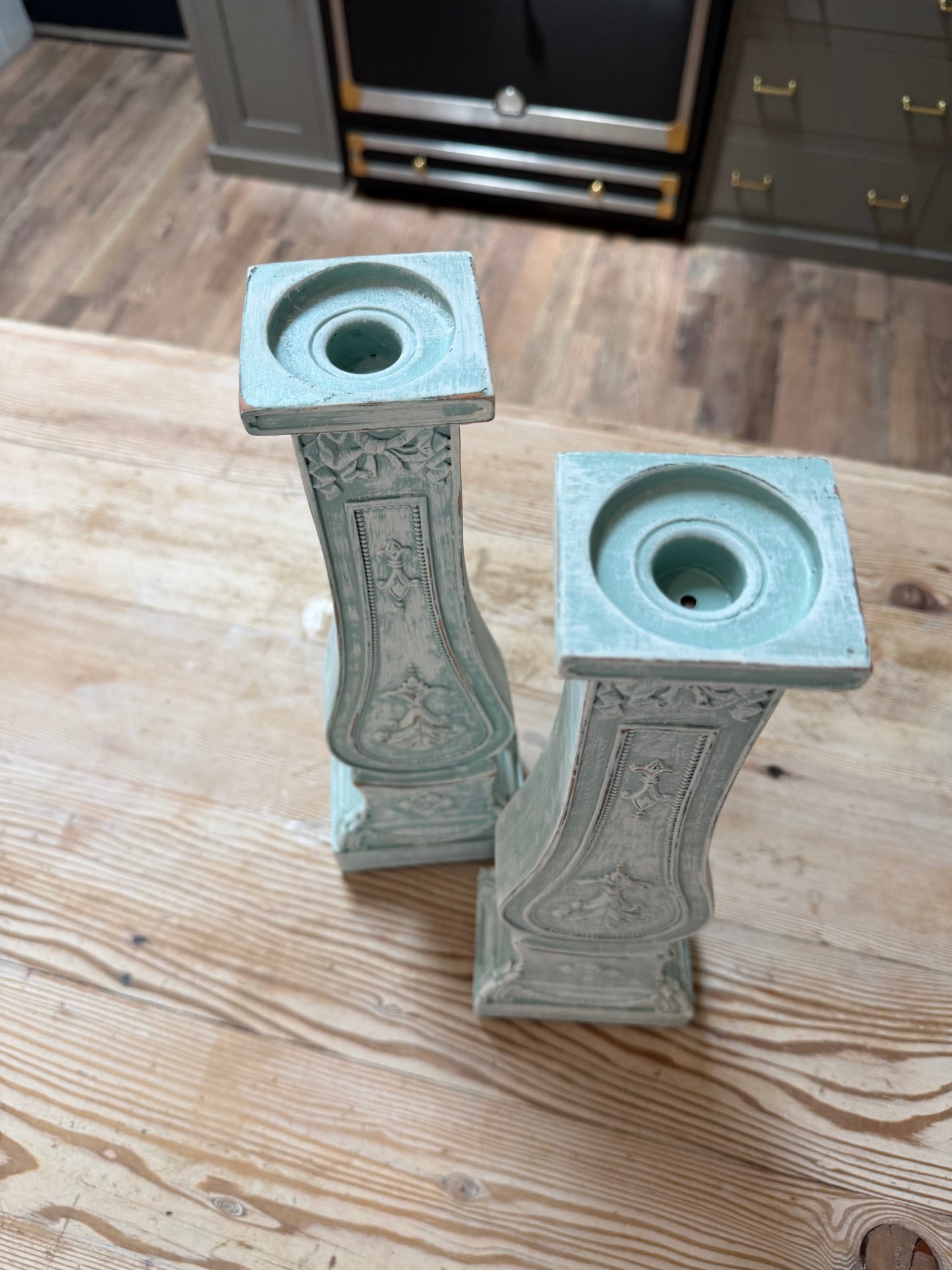 Set of decorative pillar candlesticks