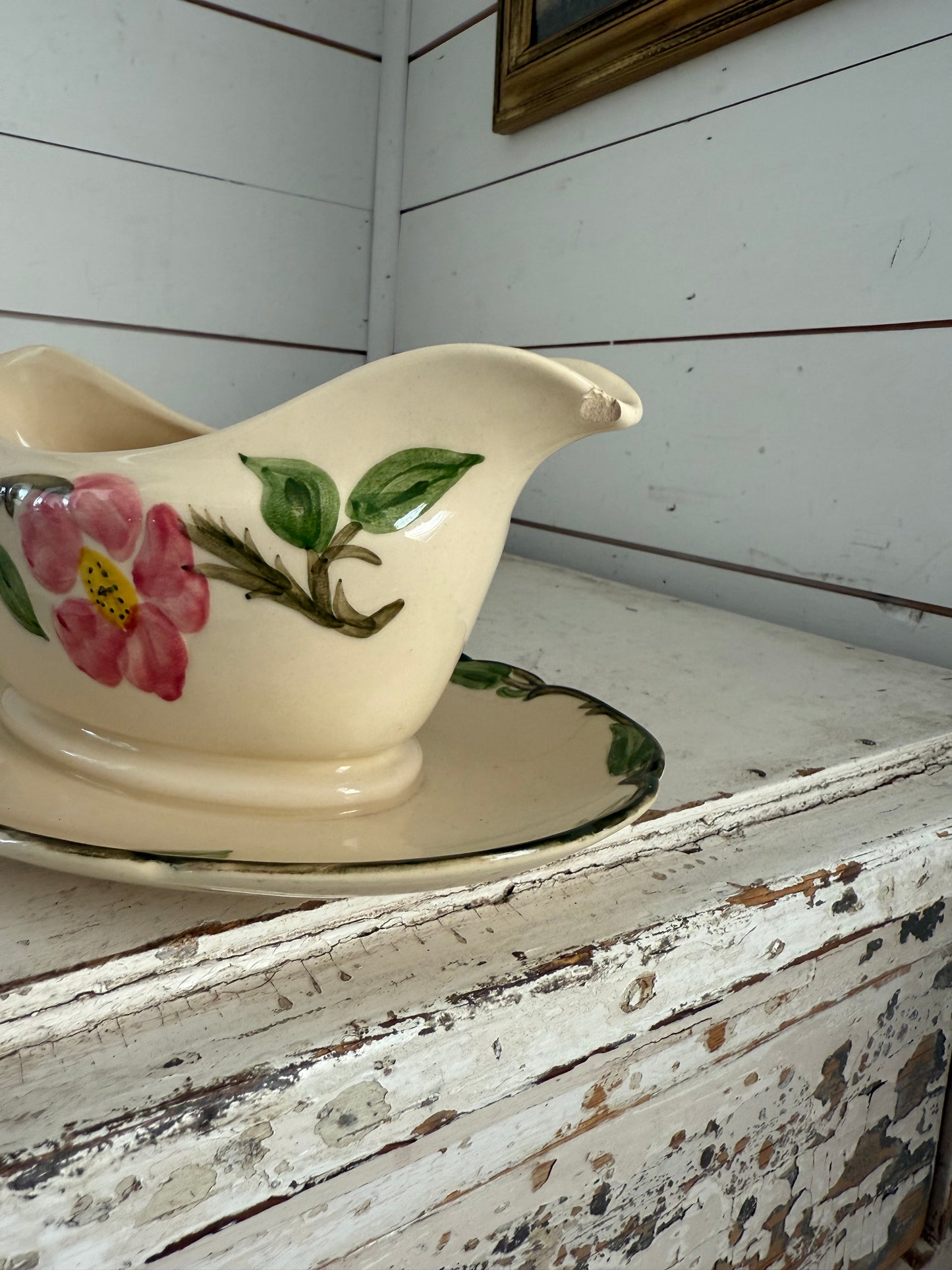 Franciscan Desert Rose Gravy Boat with Attached Base has chip