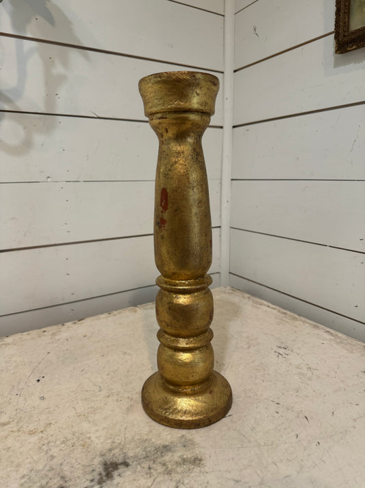 Vintage Turned Candlestick Gold with red chippy