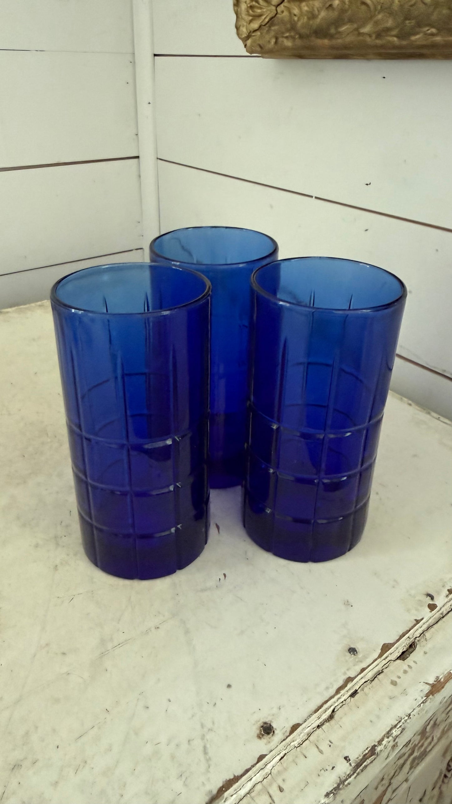 Vintage anchor hocking tartan cobalt blue glasses