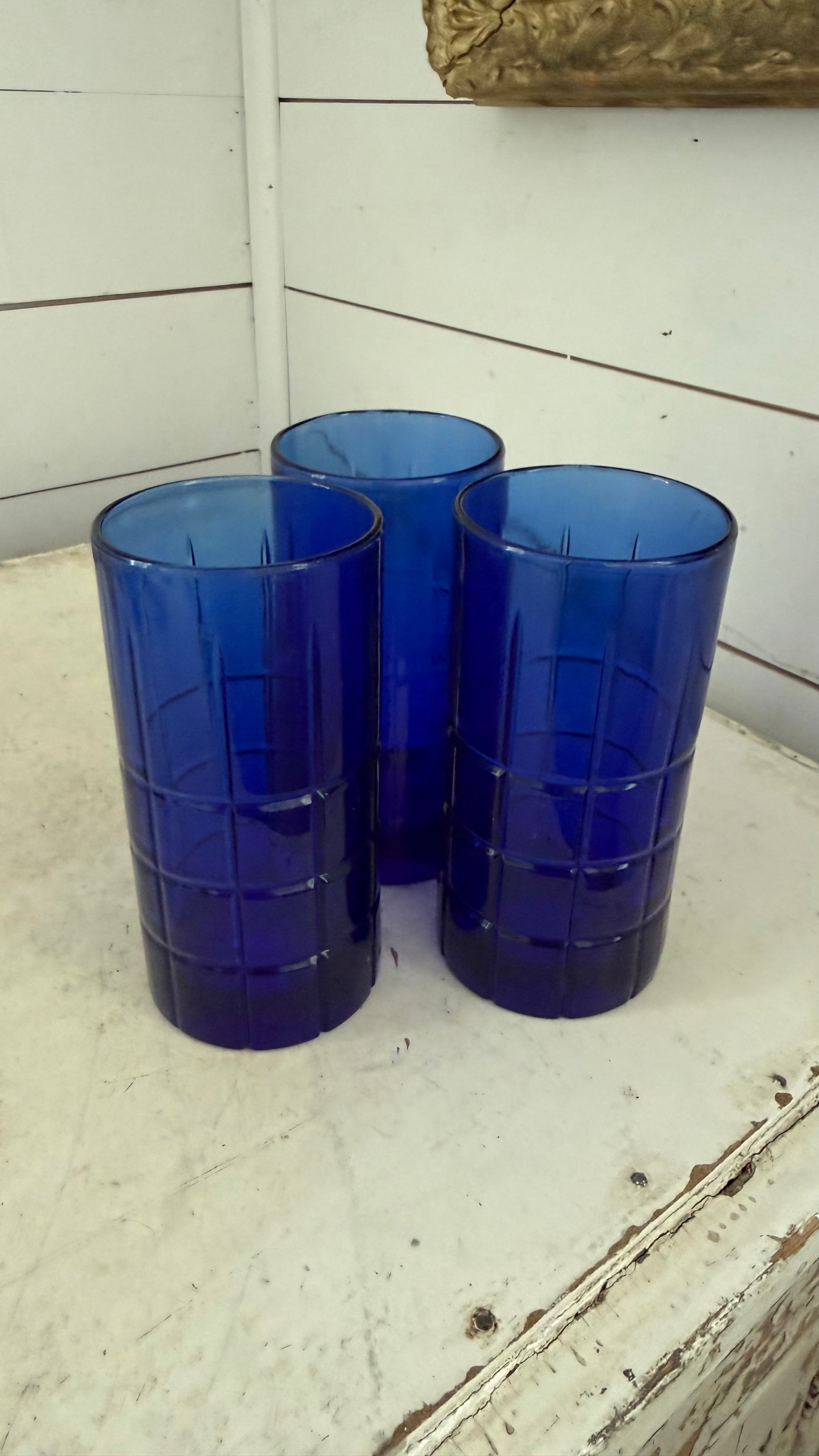 Vintage anchor hocking tartan cobalt blue glasses