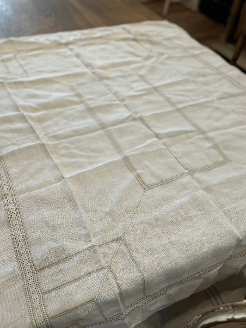 Linen with taupe embroidery tablecloth 52x43”