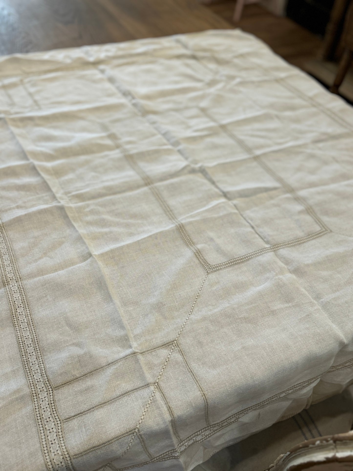 Linen with taupe embroidery tablecloth 52x43”