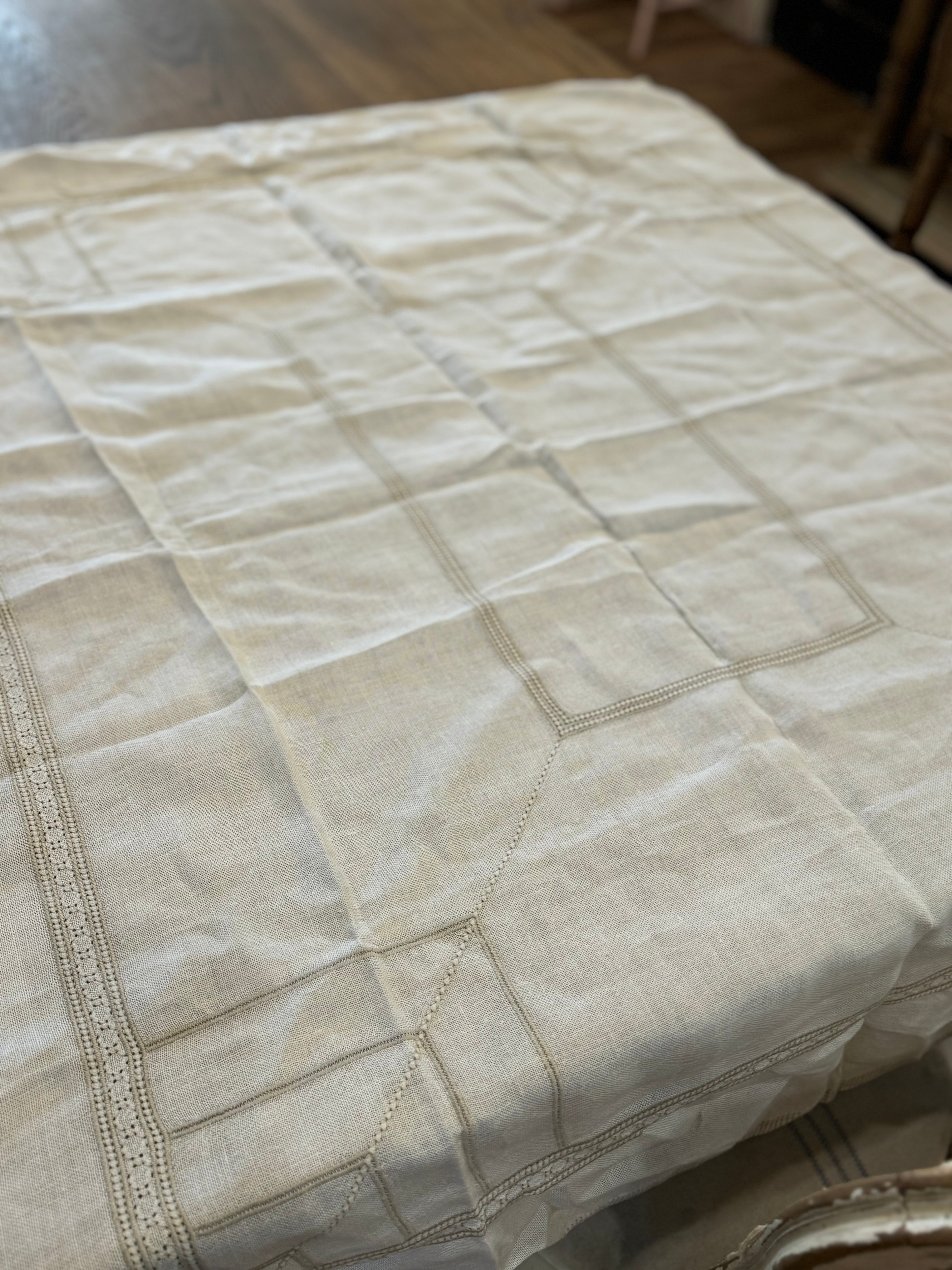 Linen with taupe embroidery tablecloth 52x43”