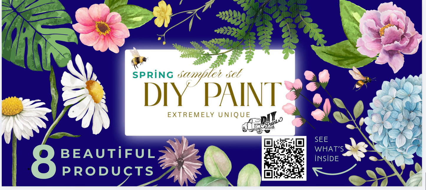 Promotional flyer for DIY paint Mixology Kit with flowers and leaves on a blue background