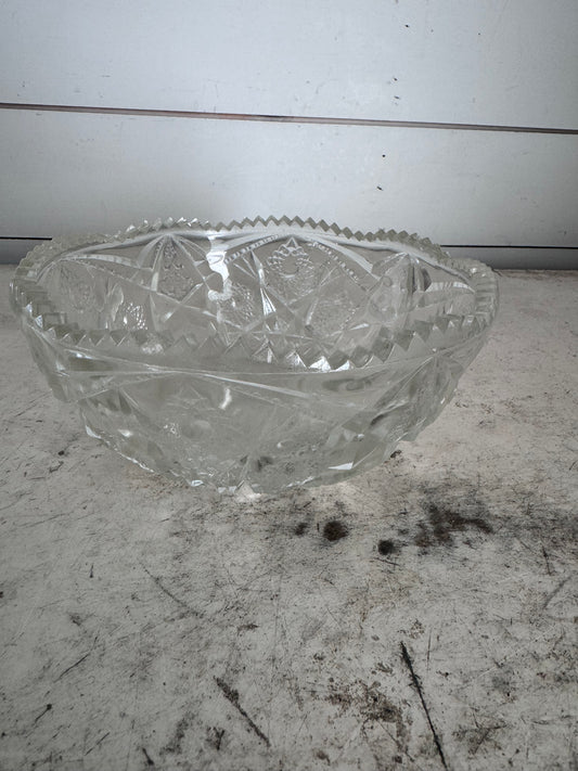 American Brilliant Cut Glass Bowl Ornate Sharp Etching 3.5” T x 8.25” Diam