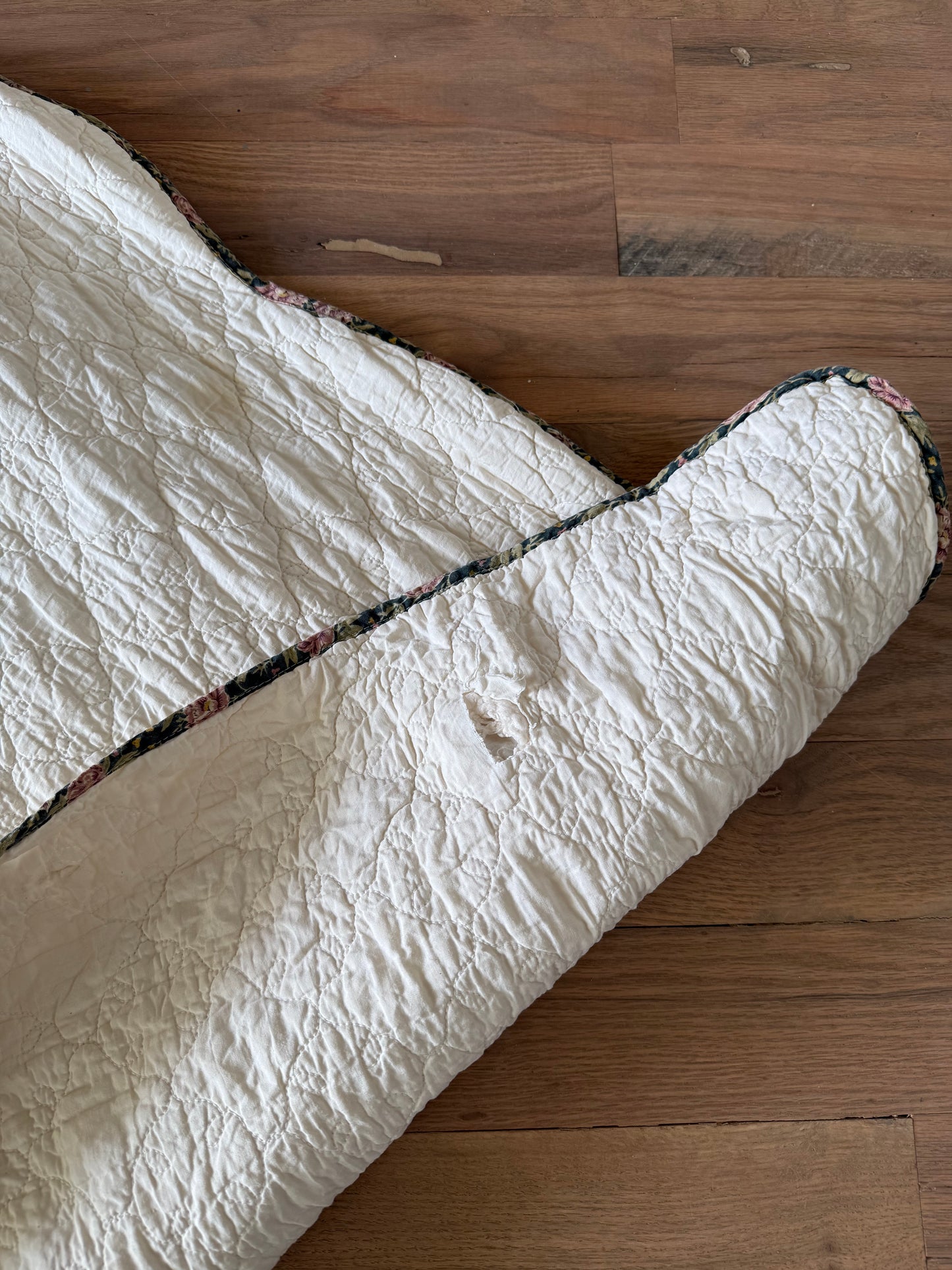 Shabby Queen White Embroidered Quilt - as is see light staining and imperfections