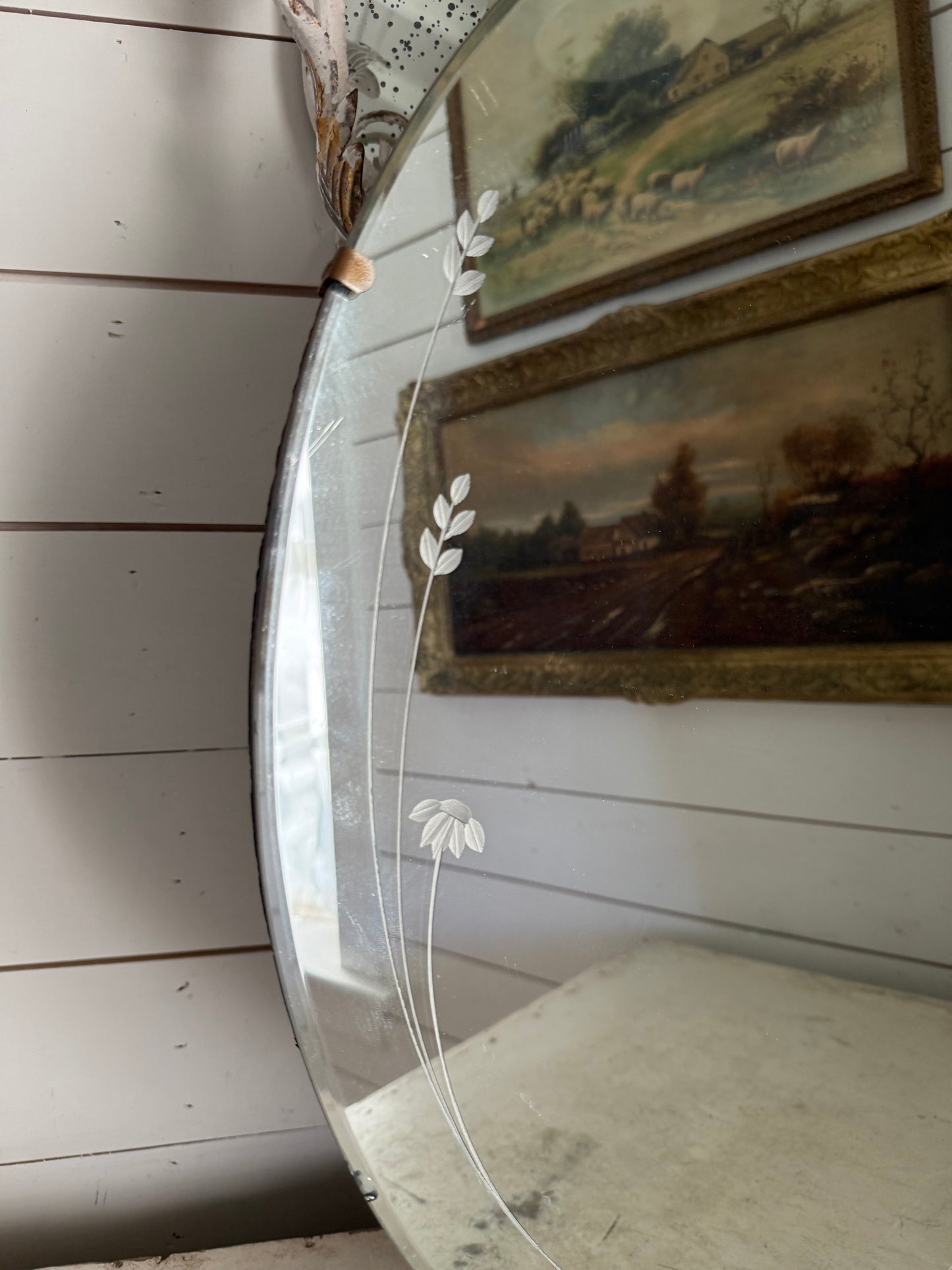 Large Vintage Mid Century Mirror with Floral Etching