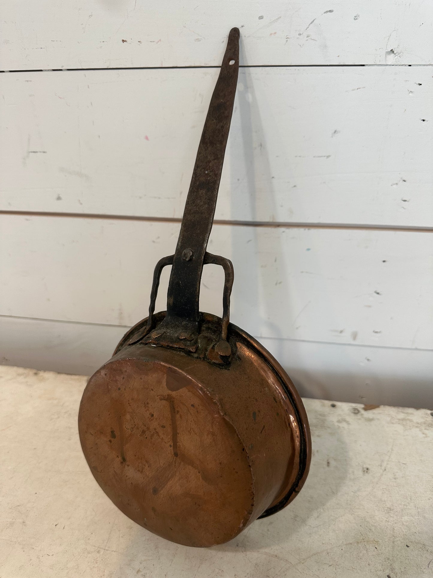 French Antique copper pan, wrought iron handle