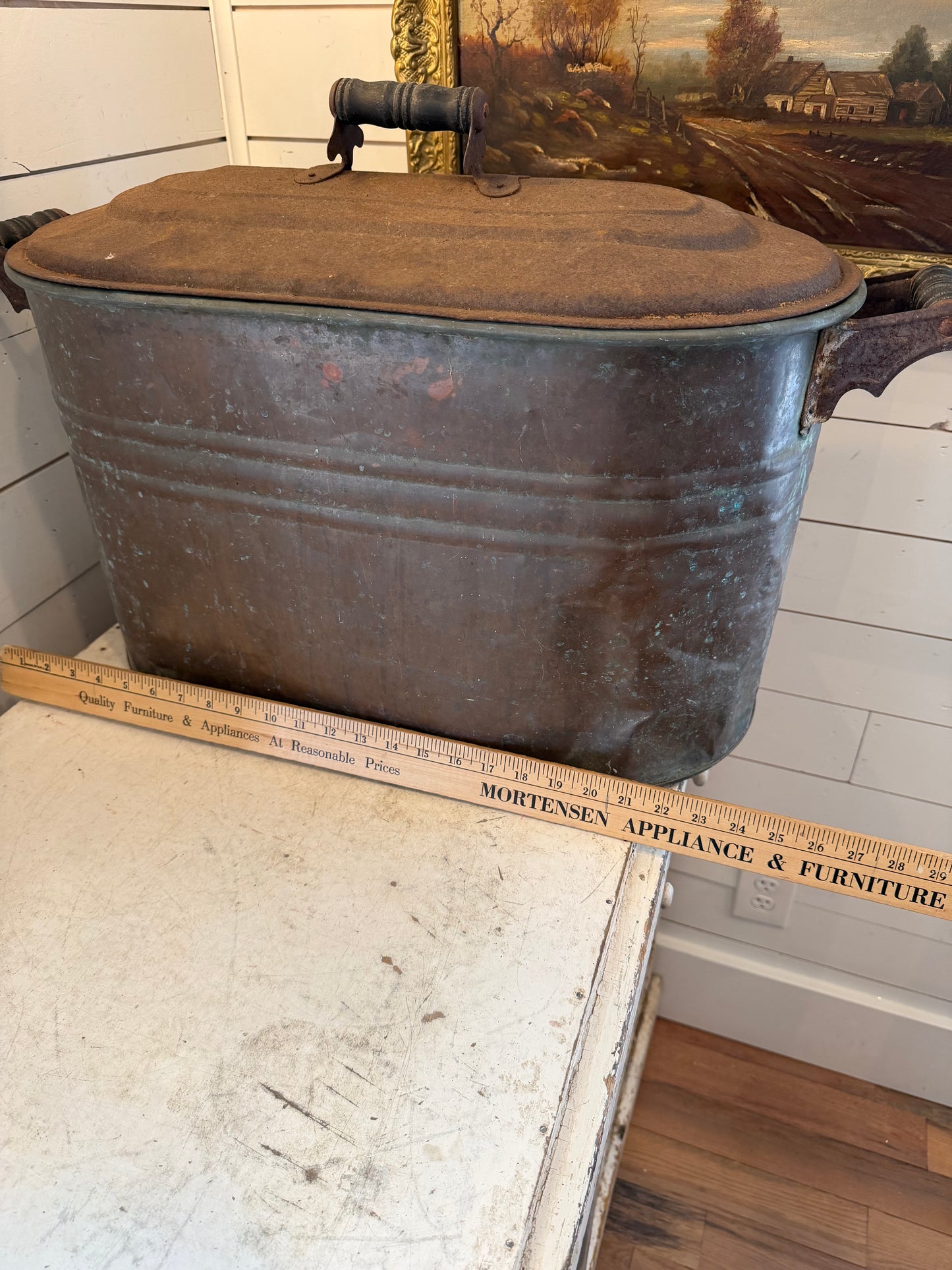 Antique copper boiler wash tub with tin lid