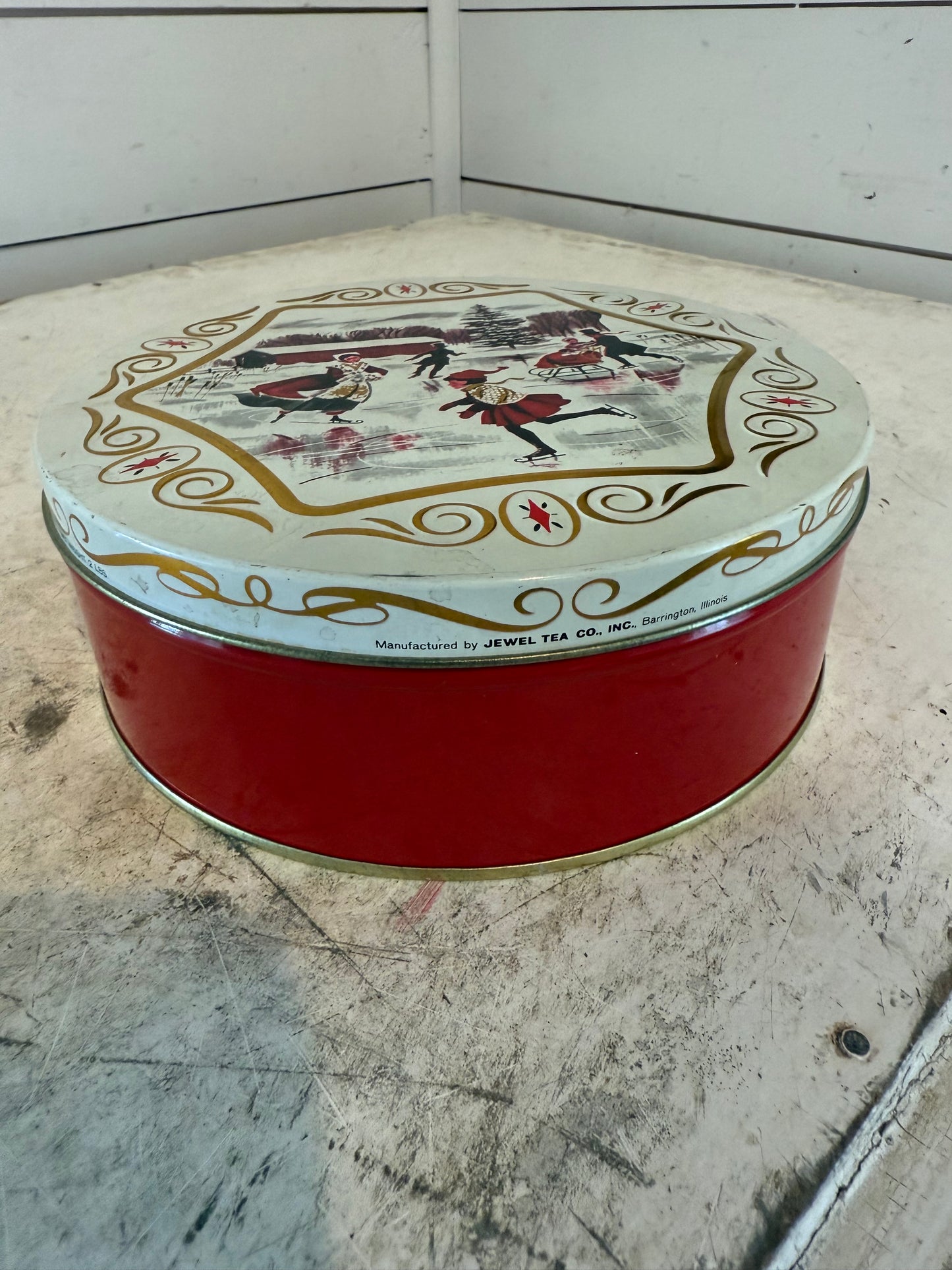 Vintage Jewel Tea Skaters Round Cookie Tin Jewel T Christmas Tin Pine Tree Barn