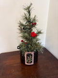 Christmas Tree with Lights in vintage Enamel Pot with mini ornaments in box