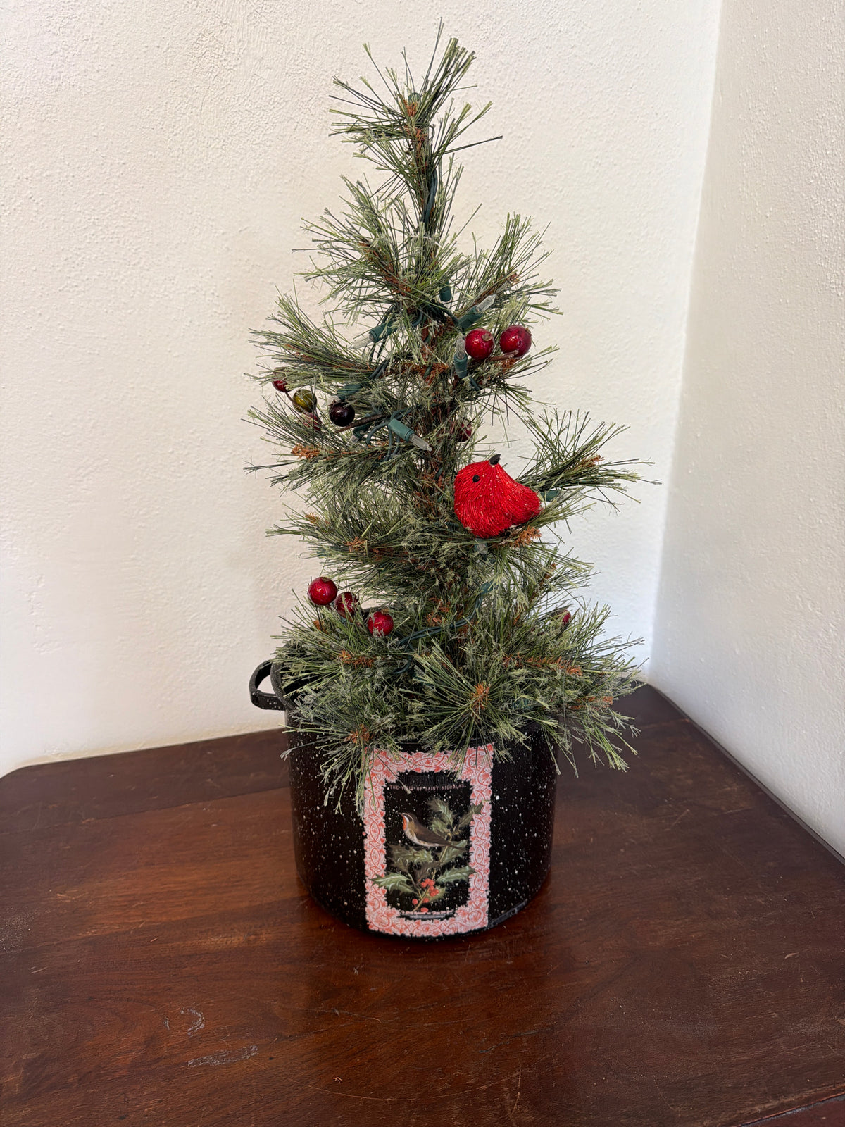 Christmas Tree with Lights in vintage Enamel Pot with mini ornaments in box
