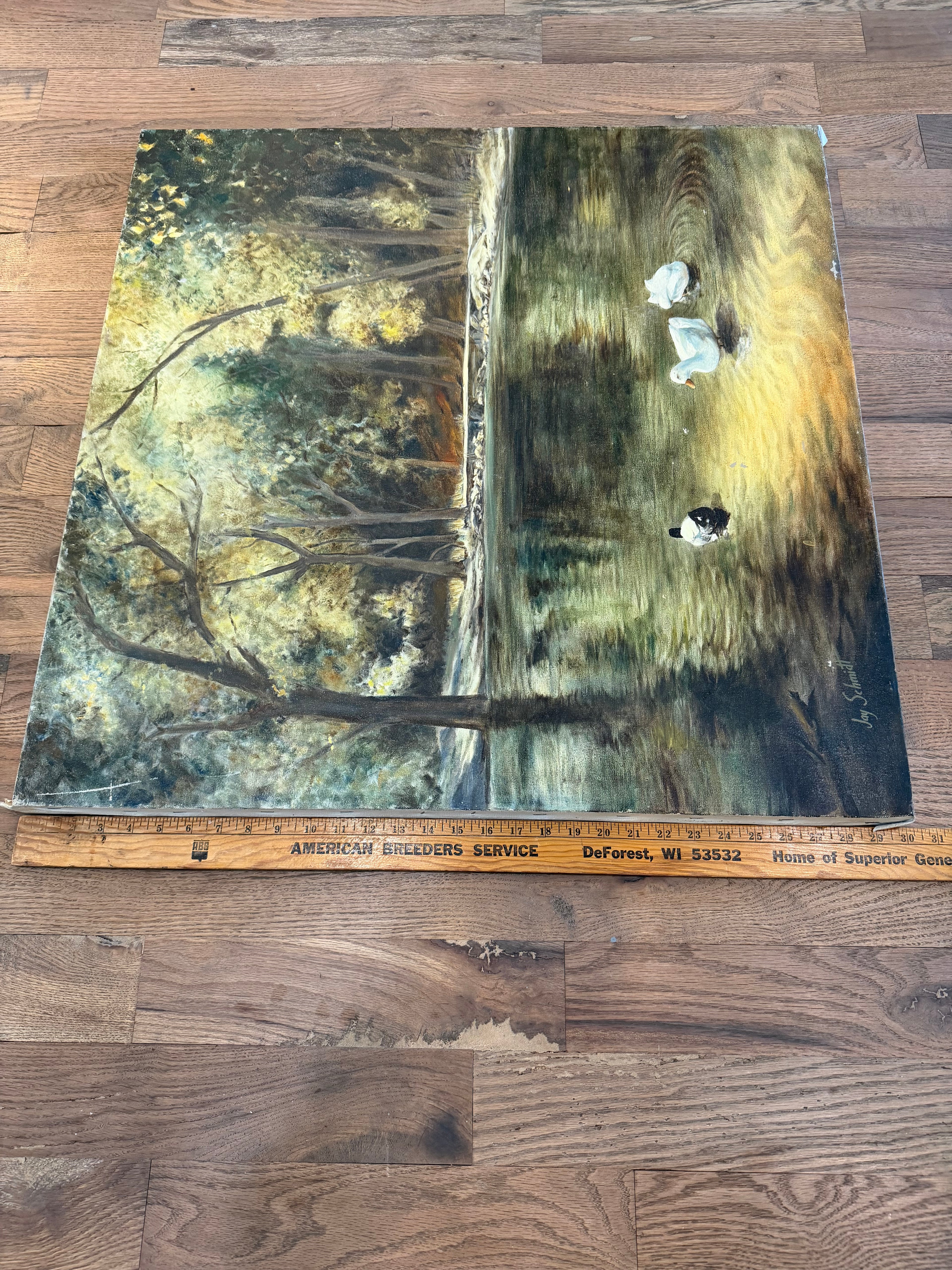 California Artist Jay Schmidt Signed Oil Painting On Canvas Of Ducks On a Pond