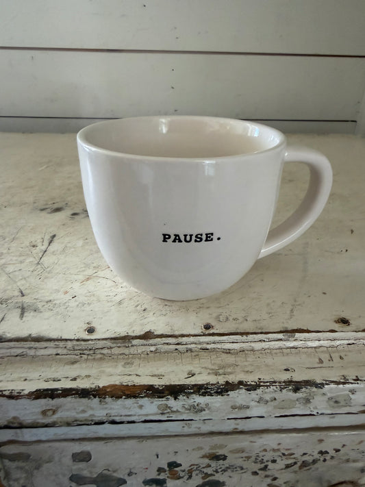 Rae Dunn by Magenta "PAUSE" coffee mug in a typewriter font