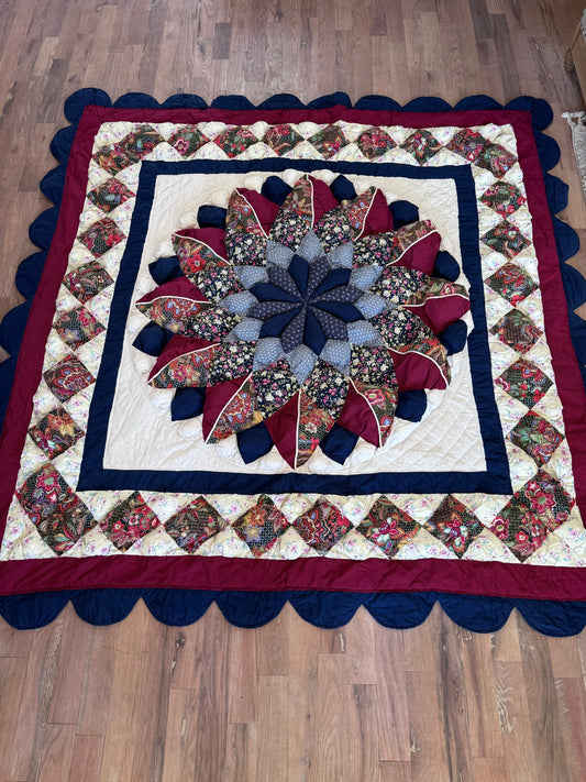 Vintage Cotton Block puffQuilt -Red White And Blue themed - Queen