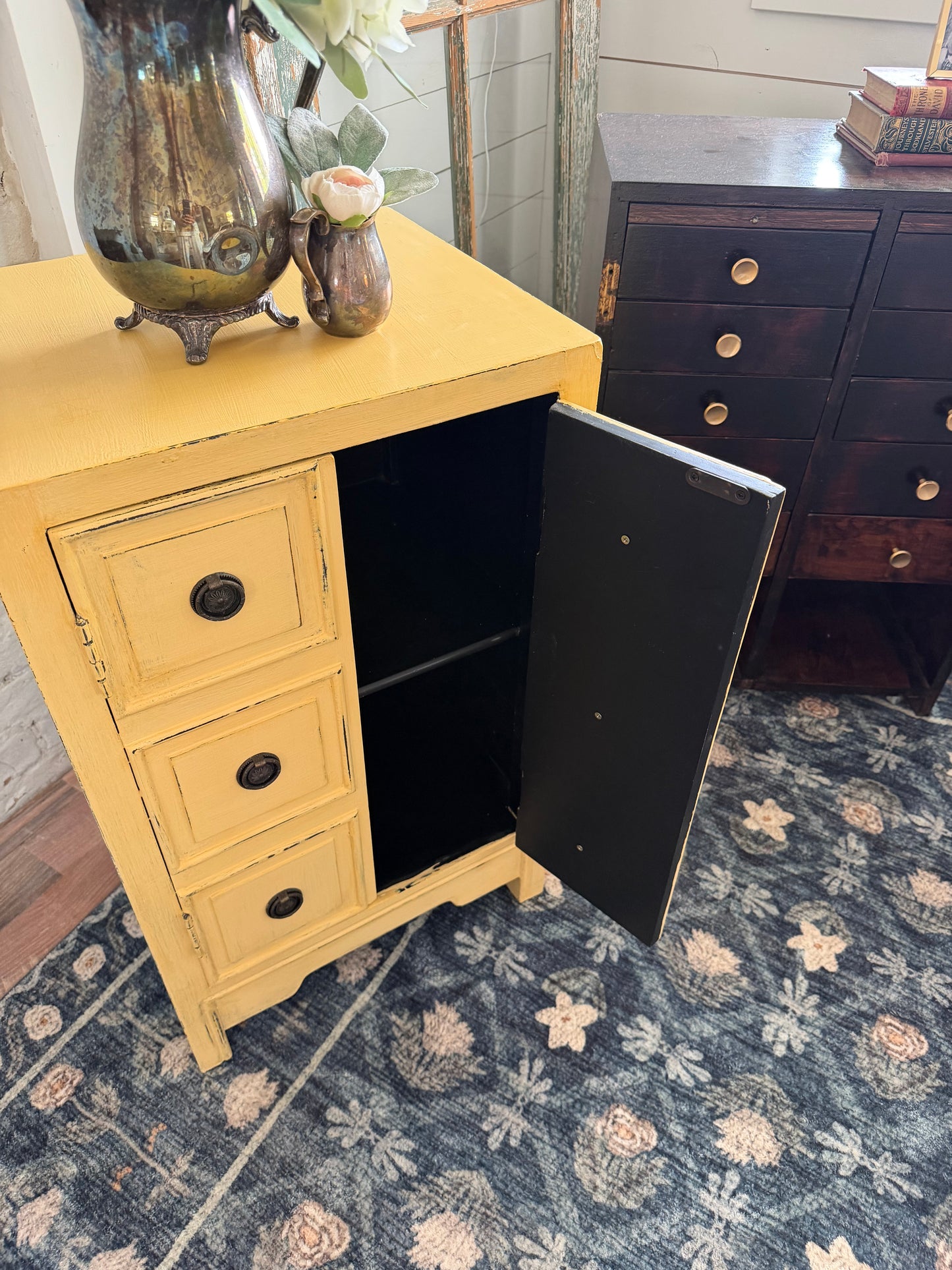 Shabby Hand Painted Butter Yellow Cabinet with shelf inside