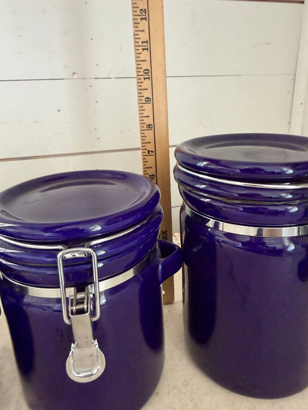 Vintage Set of 4 Stoneware Cobalt Blue Canisters w/Silver Hardware | Set Includes: X-Large, Large, Medium,Small