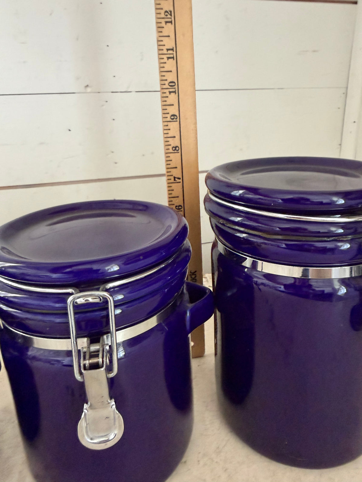 Vintage Set of 4 Stoneware Cobalt Blue Canisters w/Silver Hardware | Set Includes: X-Large, Large, Medium,Small