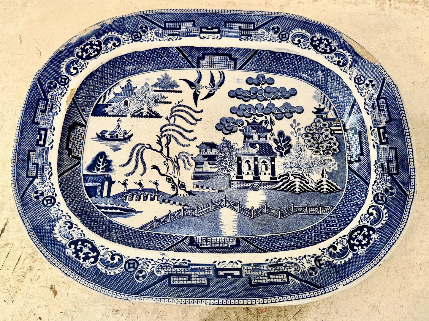 Large 1800’s Blue Willow Ironstone Platter - has imperfections as show.