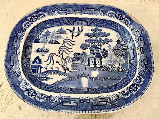 Large 1800’s Blue Willow Ironstone Platter - has imperfections as show.