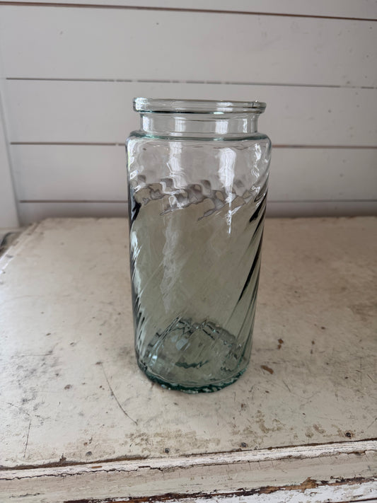 Twisted green hand blown glass vase