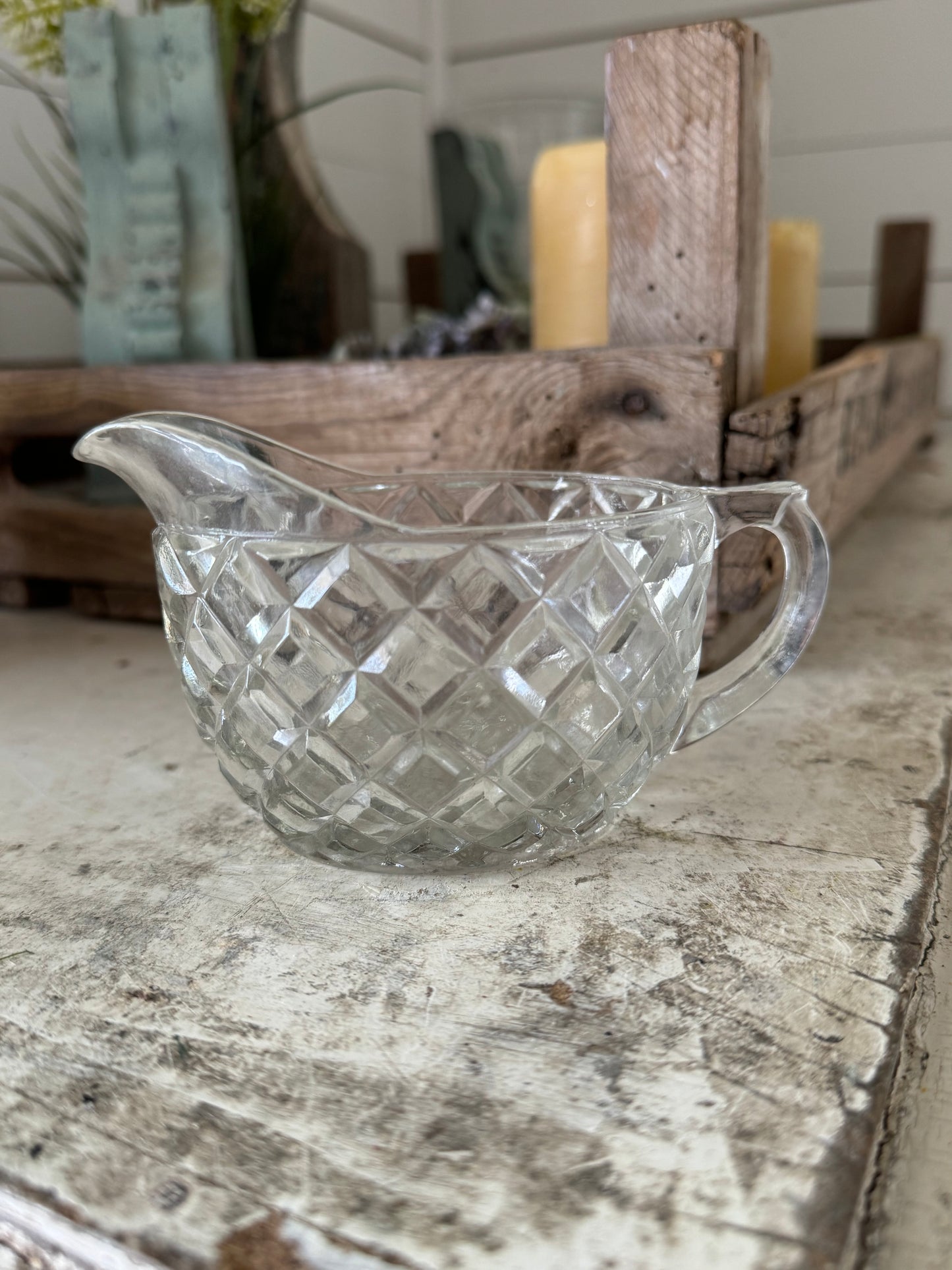 Vintage oval clear glass creamer in a diamond pattern