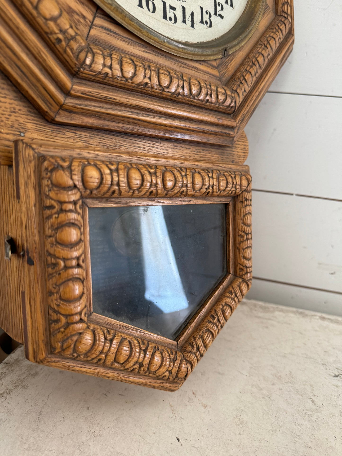 Antique Ingraham Carved Oak Calendar Regulator Clock - as is missing glass on top we did not check to see if if it works has key