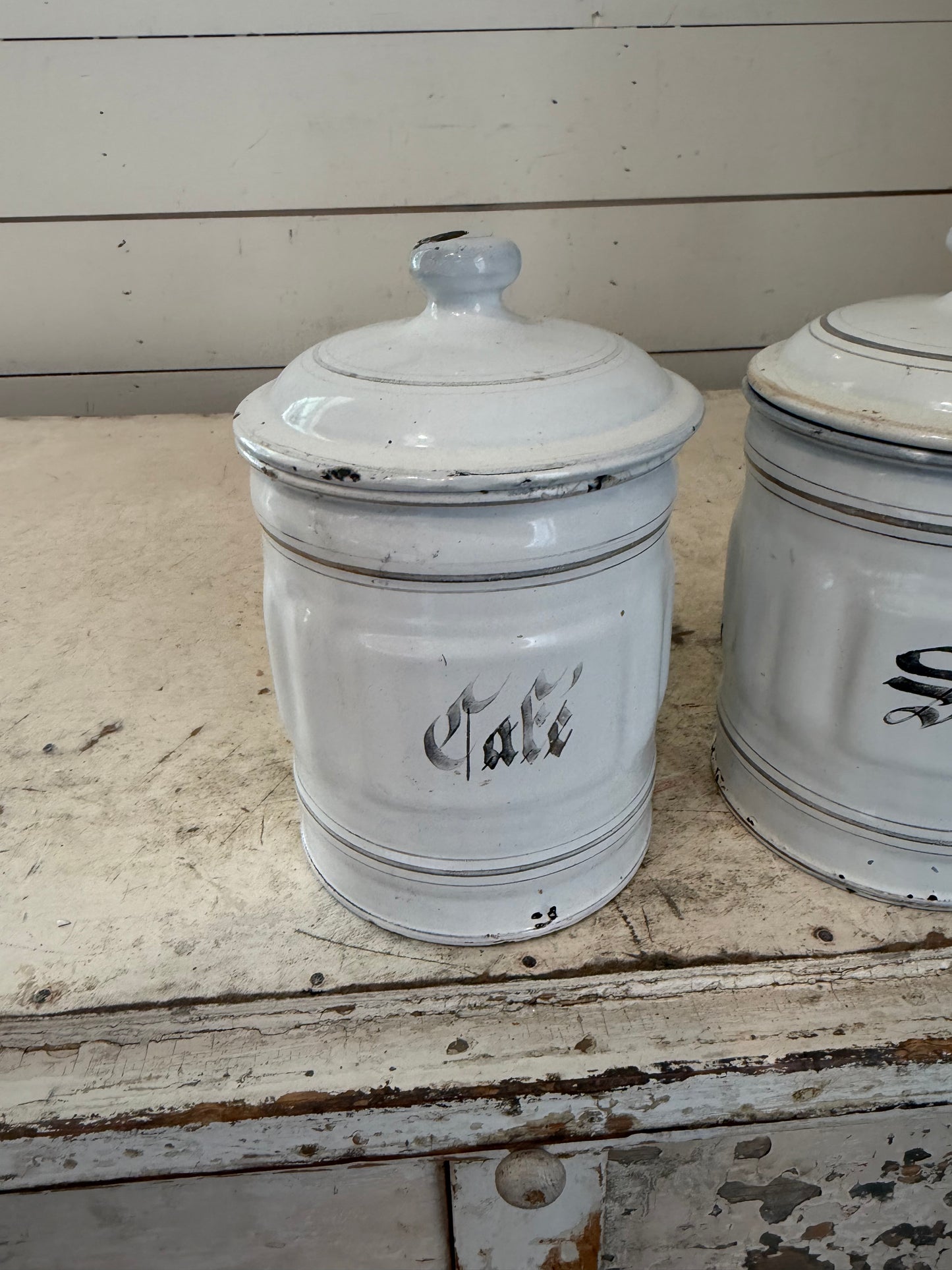 Antique French  white enamelware canisters set of 3