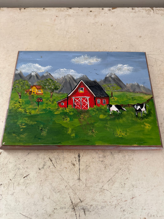 12” Original Folk Art Red Barn Scene on Routered Wood