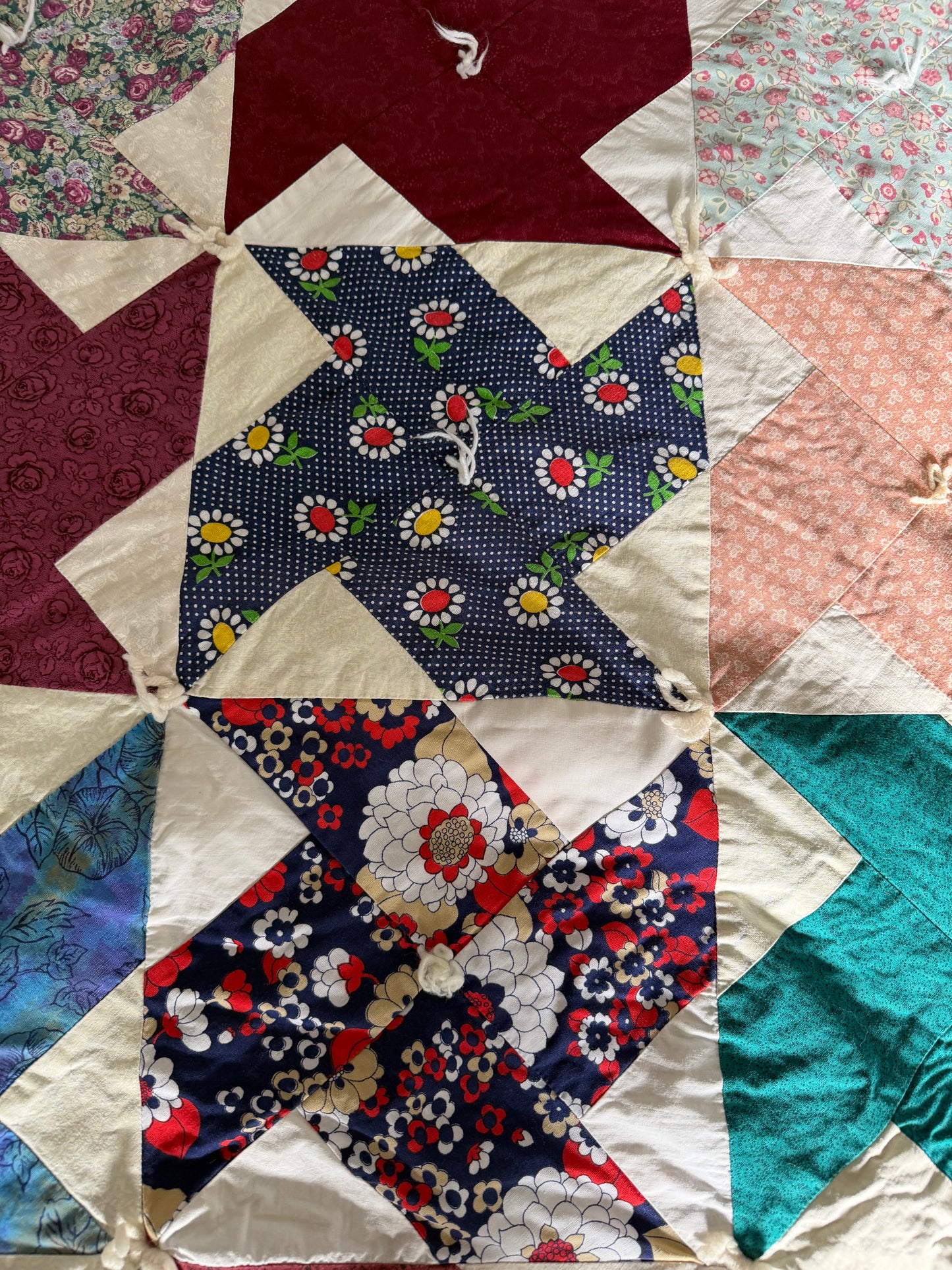 Antique Patchwork Quilt crazy Pinwheel Design Cotton Hand Pieced Twin