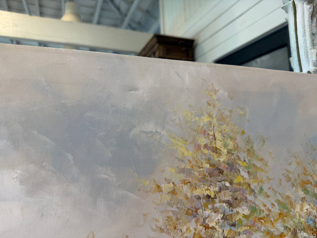 Original Oil Woman with parasol & Floral has had crack repaired