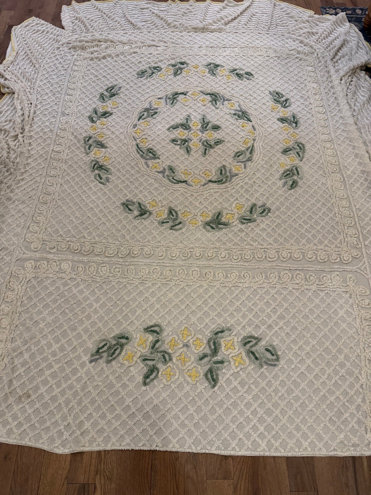 Vintage Queen Chenille Beadspread has light stains and wear as shown