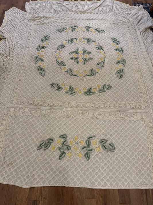 Vintage Queen Chenille Beadspread has light stains and wear as shown