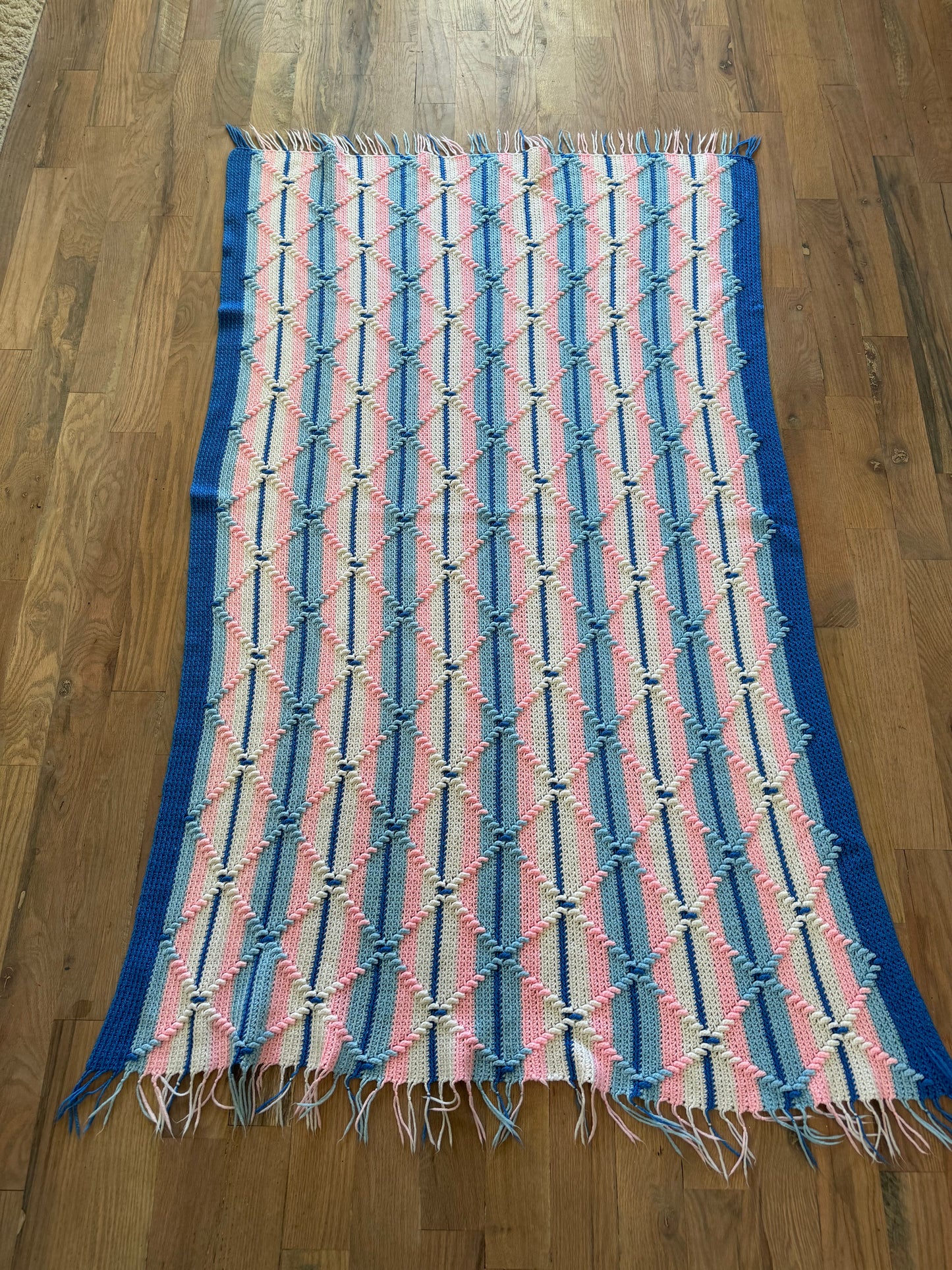 Pink white and Blue Striped Afghan with fringe