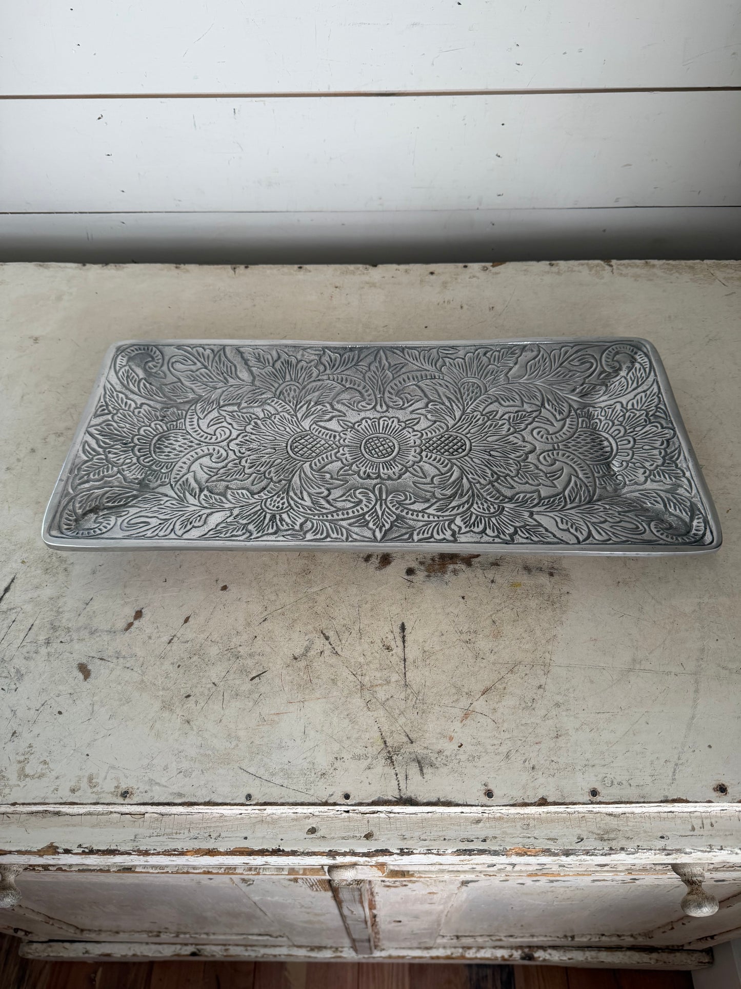 Metal Serving Tray With Embossed Floral Design