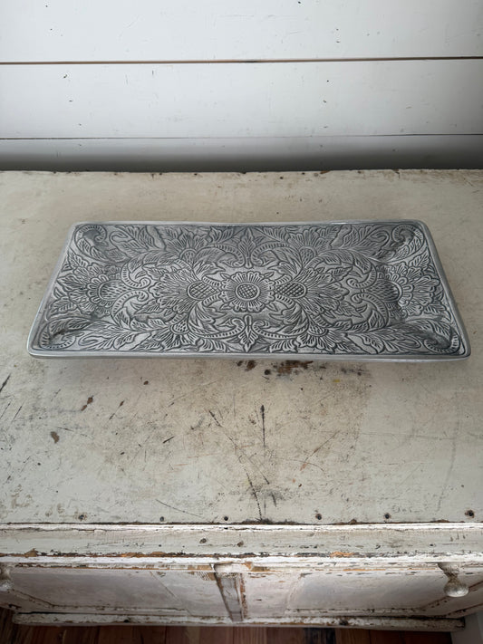 Metal Serving Tray With Embossed Floral Design