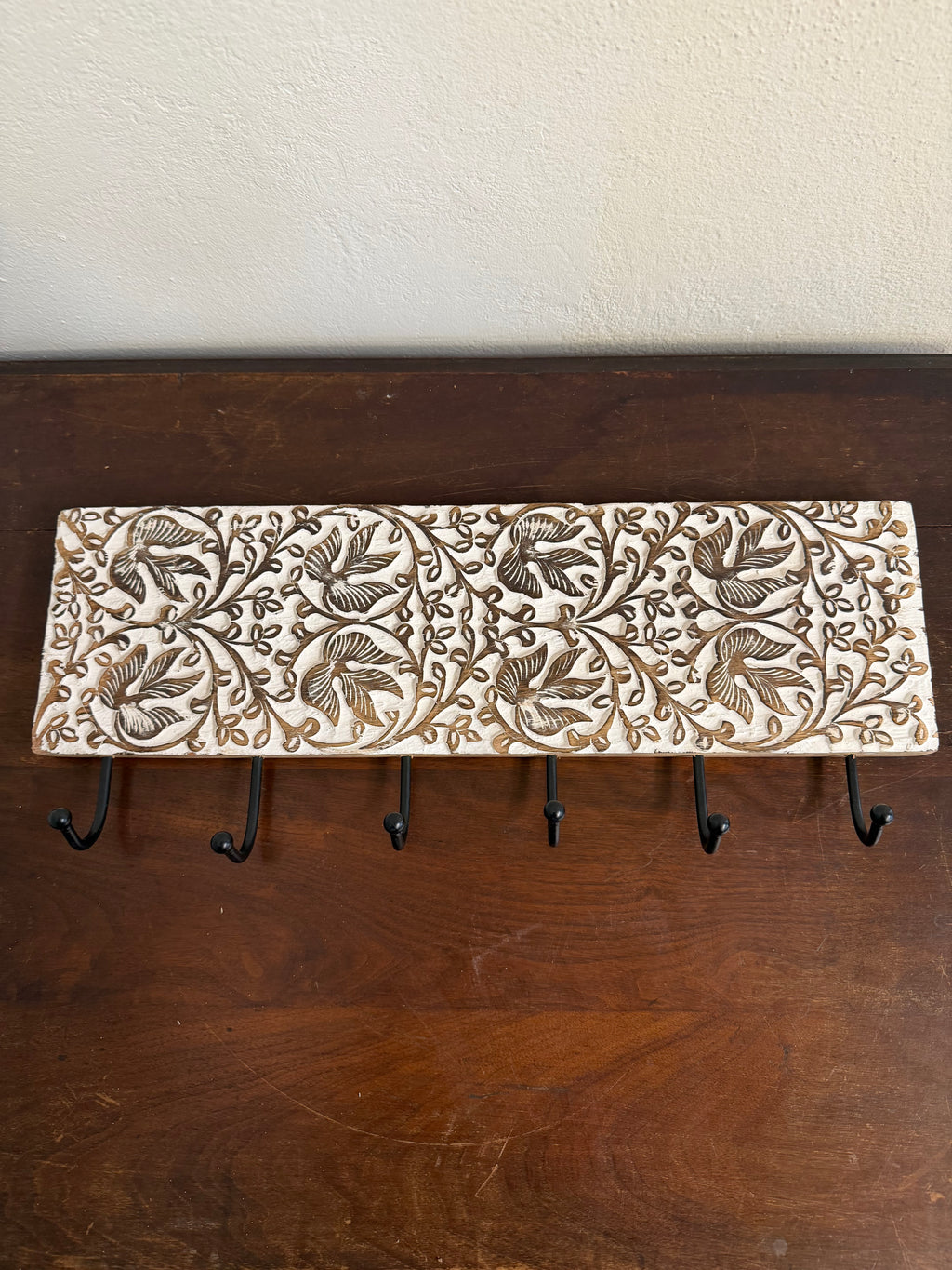 White Washed Carved Wood 6 Hook Coat Rack