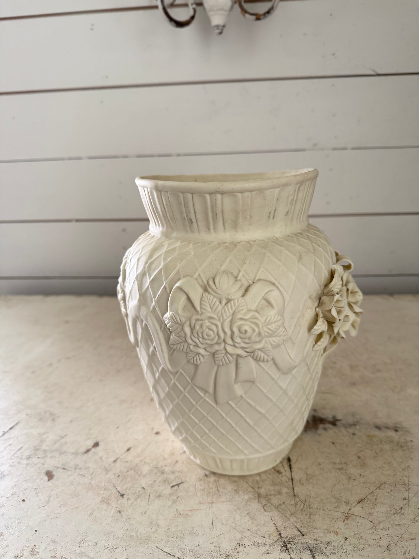 Vintage Ivory Bisque Vase With Floral Detail 9-1/2” tall - Will get makeover