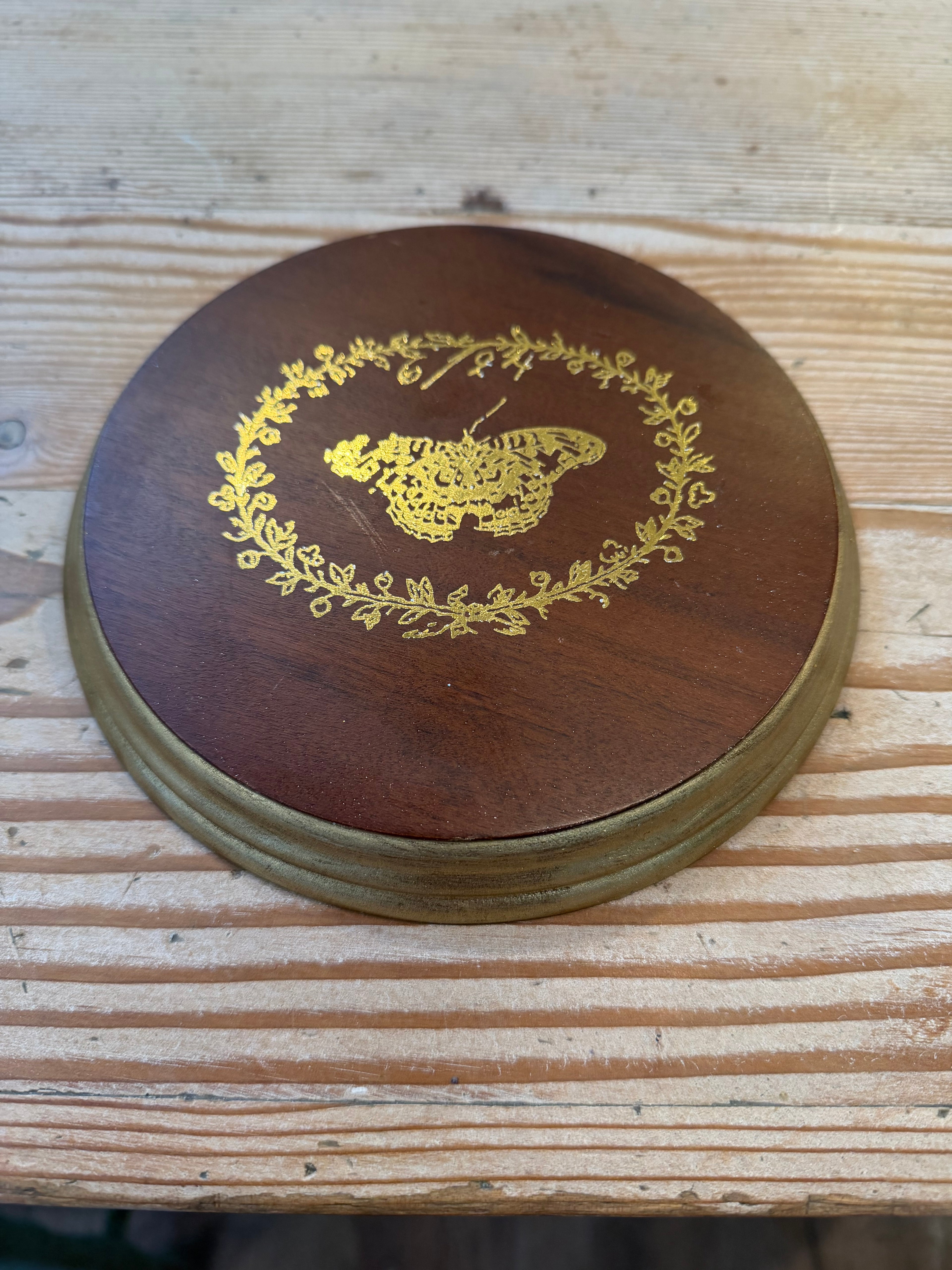 Small Round Wood Plaque With Gold Foil Butterfly