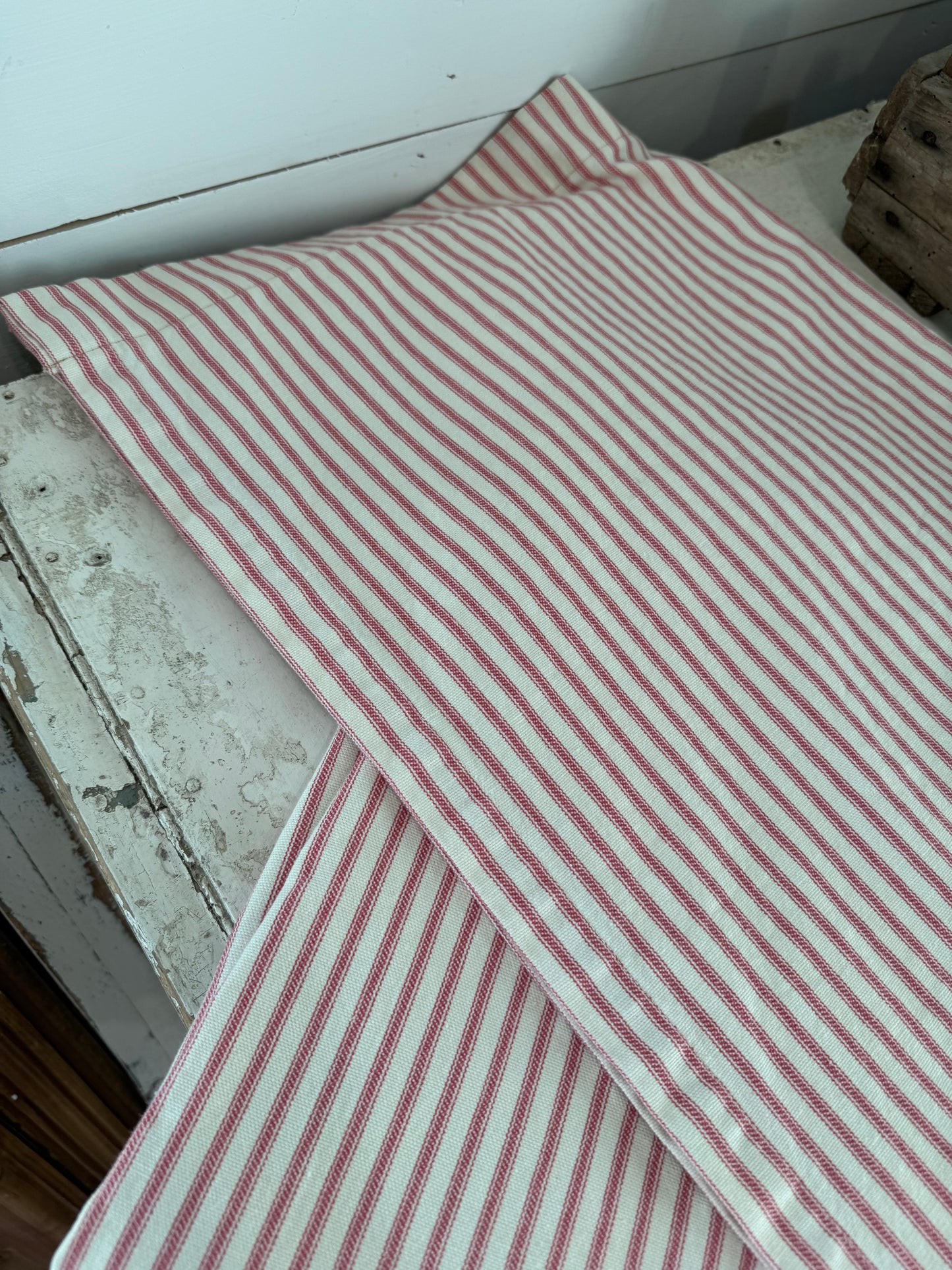 Set of Red Ticking Stripe Curtains 56 L x 56 W had small red stain