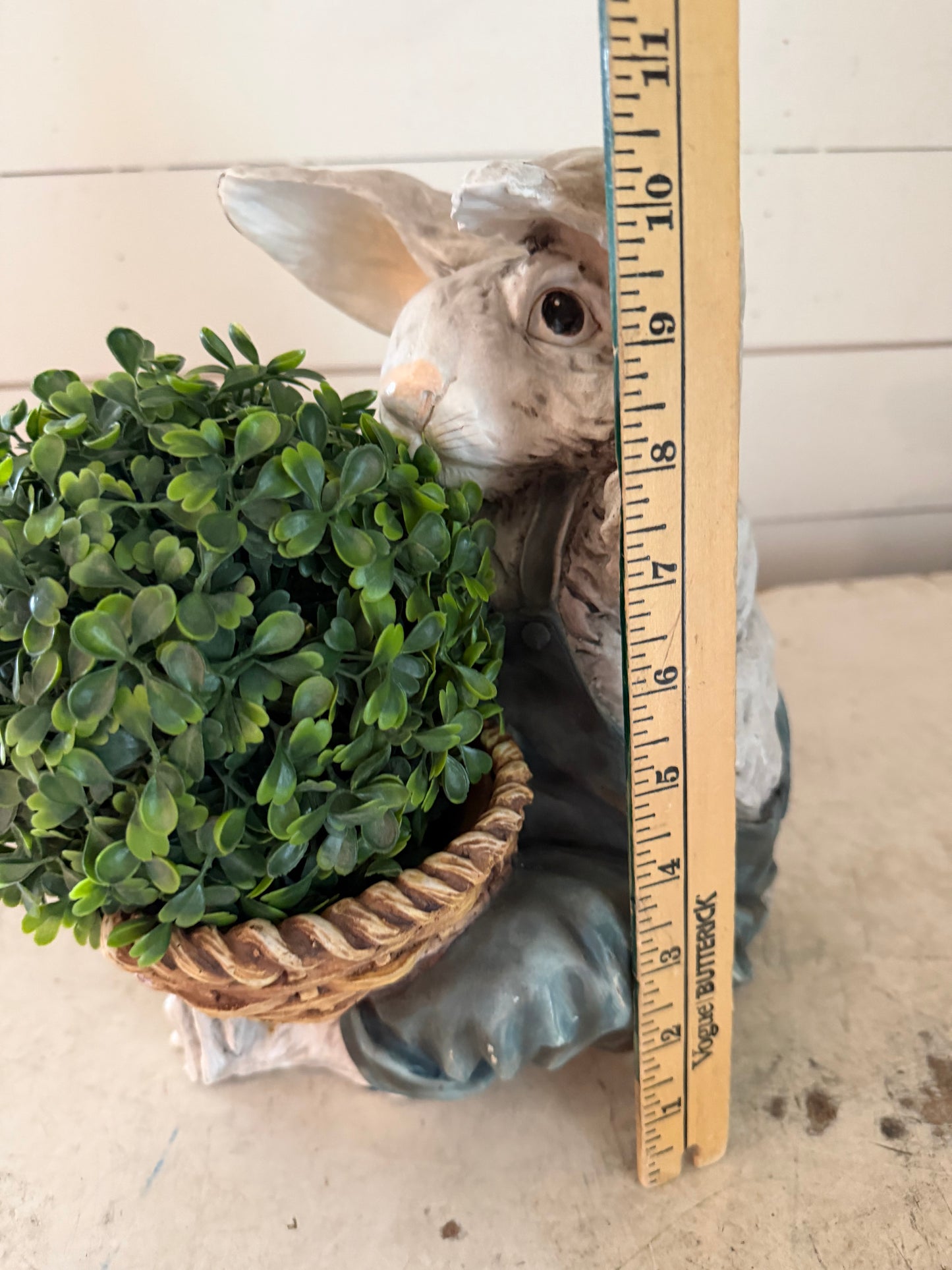 Vintage Seated Farmer Bunny Rabbit With Basket greenery included