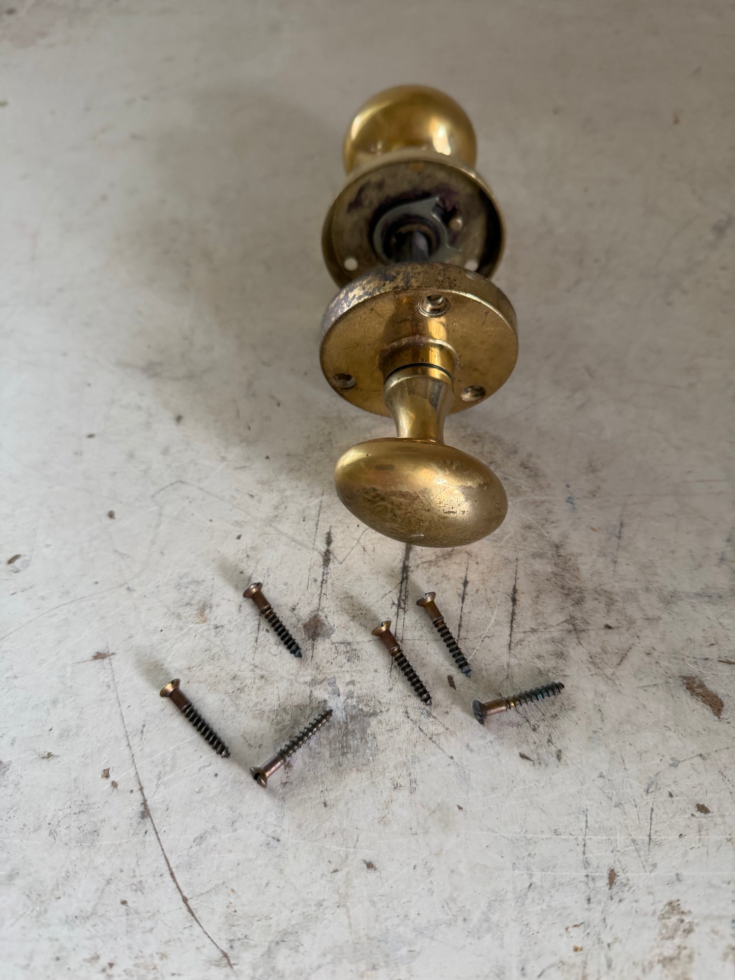 Edwardian Style Solid Brass doorknob with brass screws - one knob is round one is oval