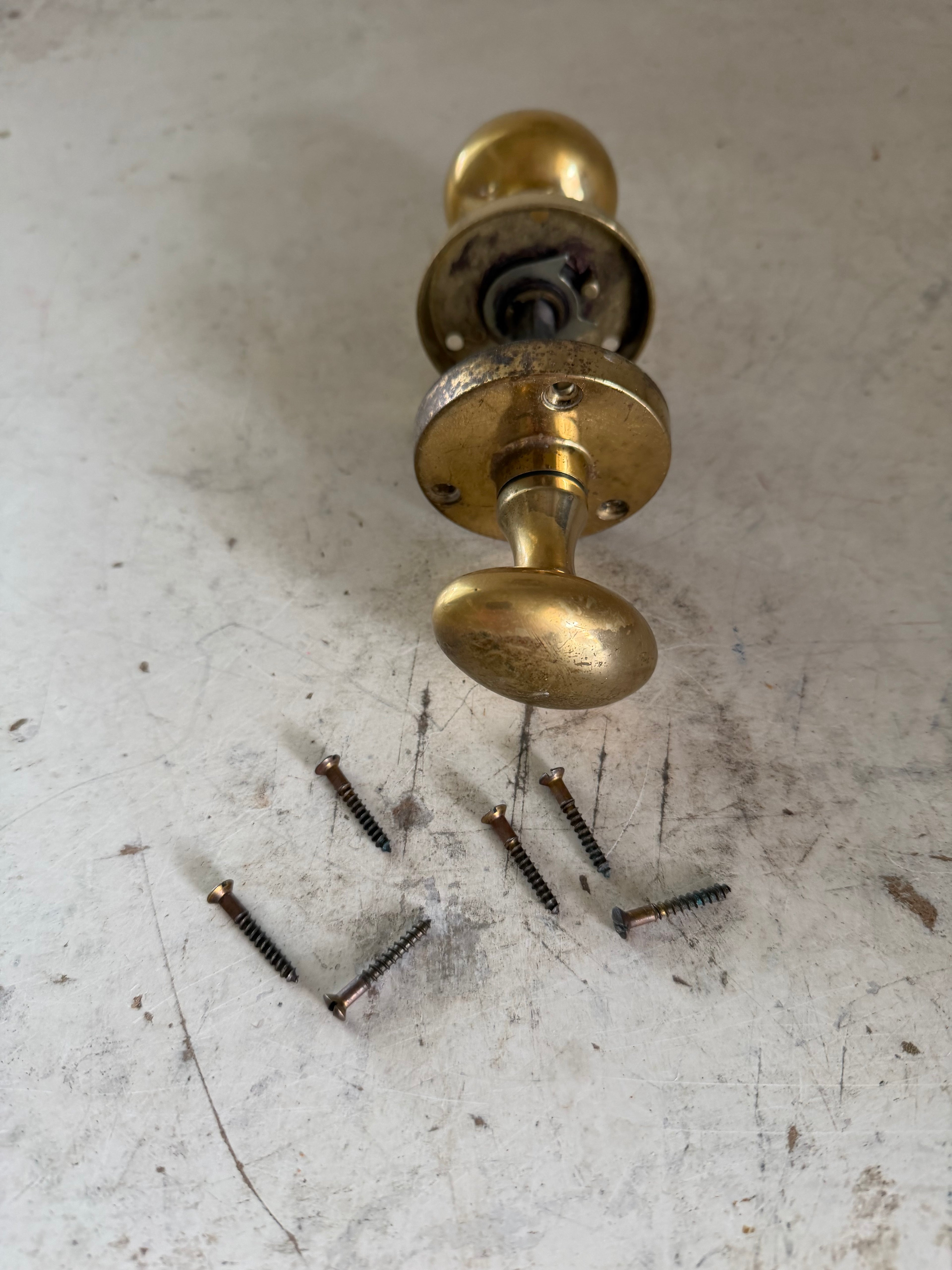Edwardian Style Solid Brass doorknob with brass screws - one knob is round one is oval