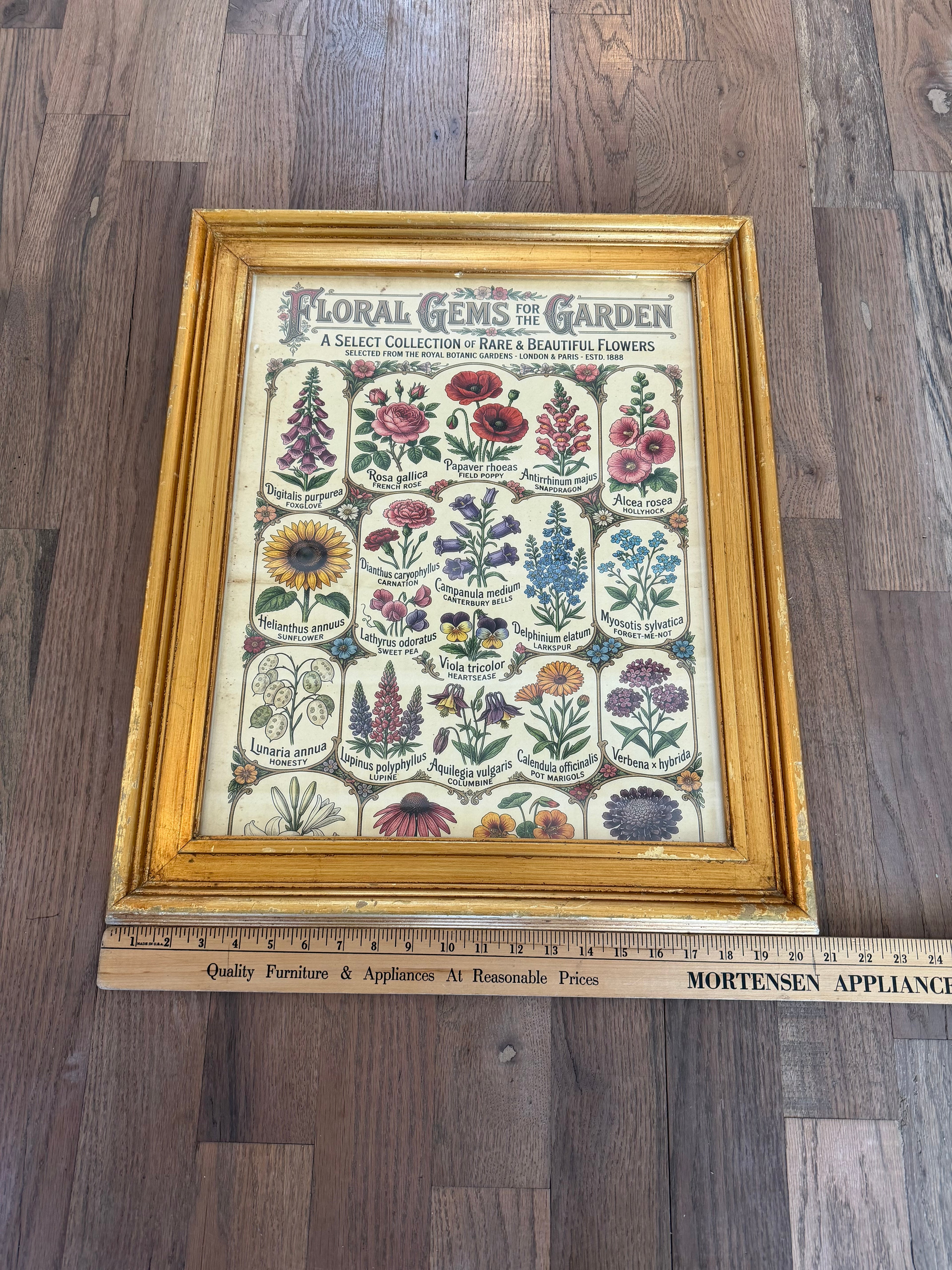 Large Wood gold colored frame with Floral Gems of the Garden Print