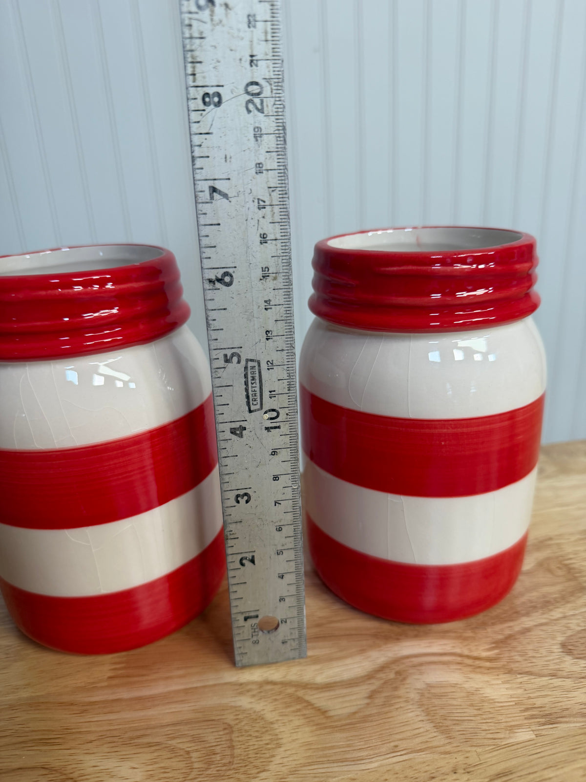 Red & White Stripes Ceramic Jar - Will get transfers, sold individually