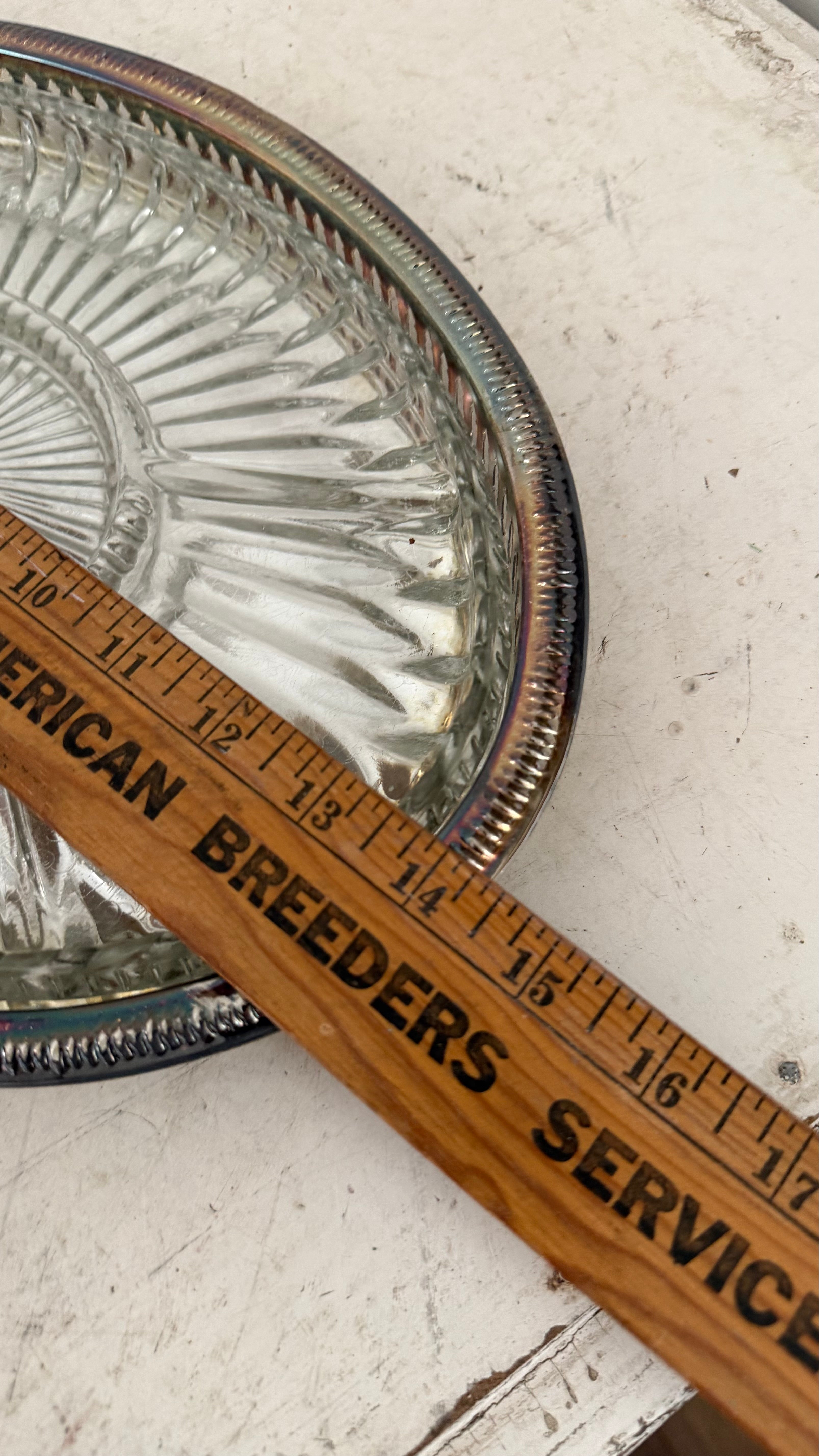 silver-plated relish tray features a removable divided crystal insert with a radiating pattern.
